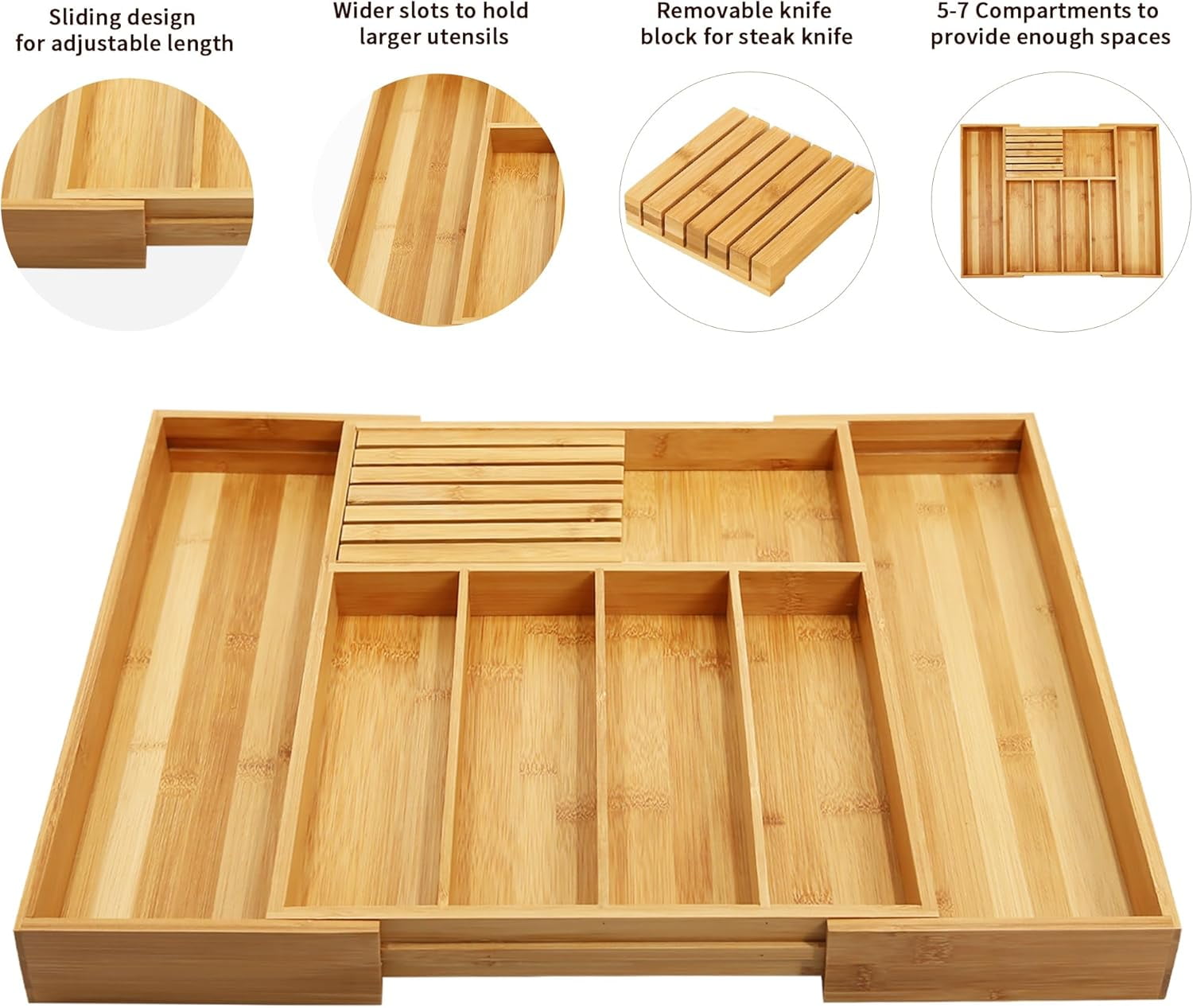 Utoplike Silverware Drawer Organizer Kitchen, Bamboo Cutlery Tray with Knife Block, Expandable Utensil Organizer Wooden