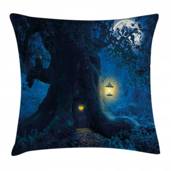 Forest Throw Pillow Cushion Cover, Magical Night with Little Home in Trunk of Ancient Tree Enchanted Forest Fairytale Theme, Decorative Square Accent Pillow Case, 16 X 16 Inches, Blue, by Ambesonne