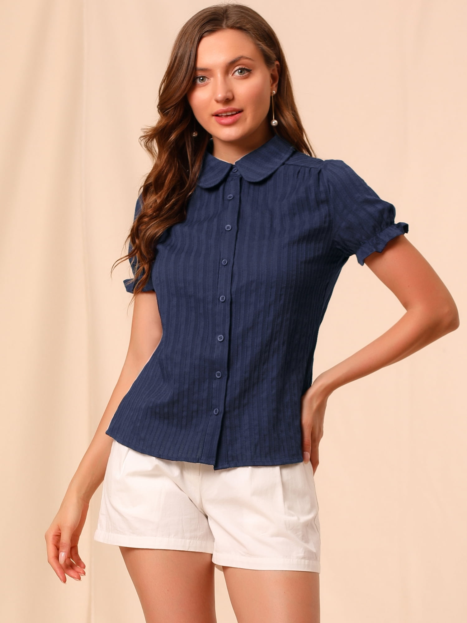 DARING DIVA Women's Cotton Frilled Peter Pan Collar Blouse M Blue