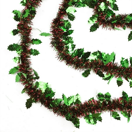 50' shiny red and green 8 ply christmas tinsel garland with green holly - unlit