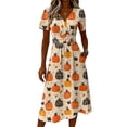 thumbnail image 4 of Womens Halloween Dresses Spider Webeb Skeleton Short Sleeve Horror Midi Dresses Moon Bat V Neck Spooky Dresses, L, 4 of 5
