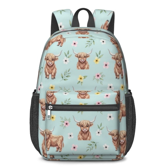 Highland Cow and Flower Print 17" School Backpacks for Teens,Waterproof Oxford Fabric,S-Shape Padded Straps for School,Travel,Hiking,Camping