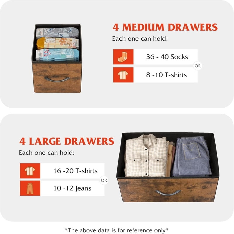 Kelno 8 Drawers Fabric Cabinet Metal Frame Wide Wood Top Storage Tower TV Stand Clothes Organizer for Bedroom Living Room,Rust Brown