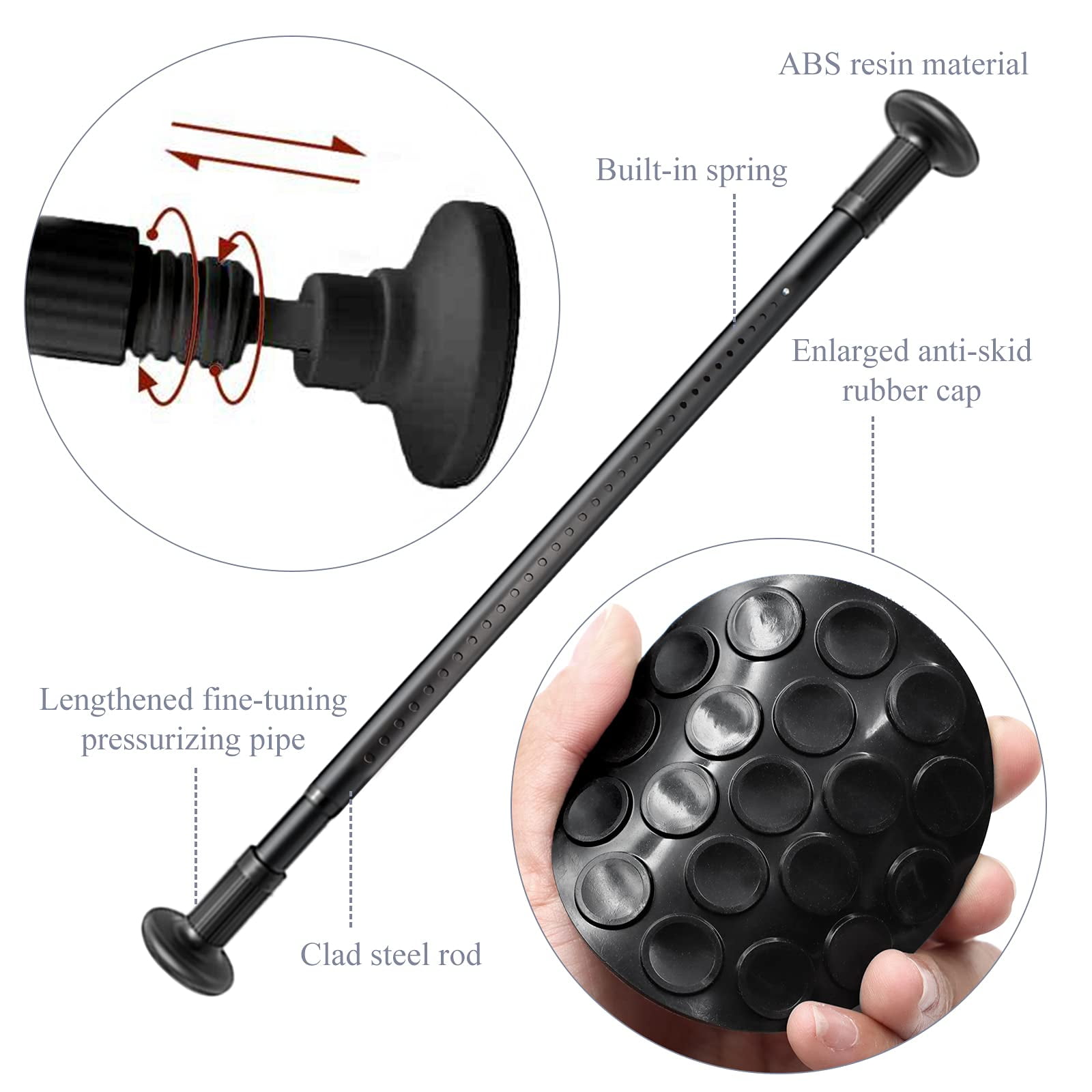 SPOKKI Tension Curtain Rod, 51-128 Inches Adjustable Closet Tension Rod Rust-free No Drilling Shower Curtain Rod, Anti-slip Spring Steel Rod for Bathroom Black