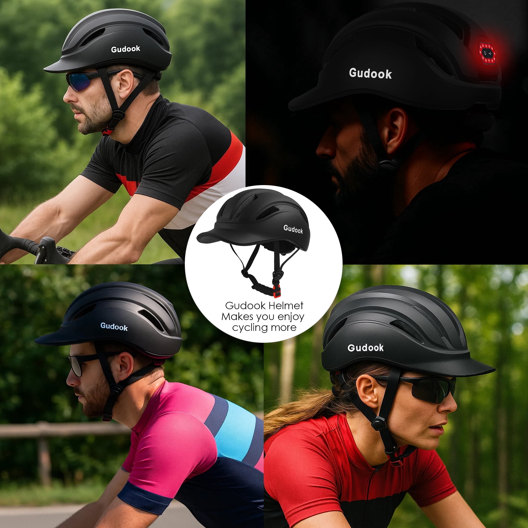 Gudook Adult Bike Helmet for Men - Women Bicycle Helmet with LED Rear Light - Certified Comfort Adjustable Baseball Cap Style Cycling Helmets for Urban Commuter Road Biking Scooter