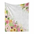 thumbnail image 1 of Anemone Flower Soft Flannel Fleece Throw Blanket, Roses Ranunculus and Hydrangea Flowers and Green Leaves Frame, Cozy Plush for Indoor and Outdoor Use, 60" x 80", Pale Pink Yellow Green, by Ambesonne, 1 of 6