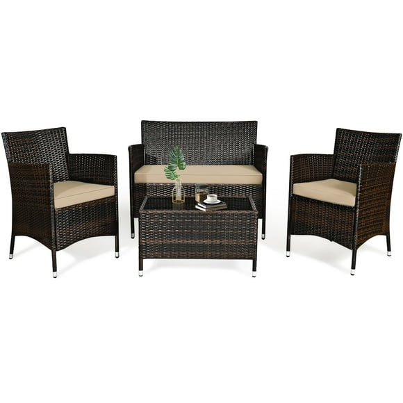 Topbuy 4-Piece Patio Rattan Wicker Furniture Set Sofa Chair Table Set w/ Mix Brown Cushions