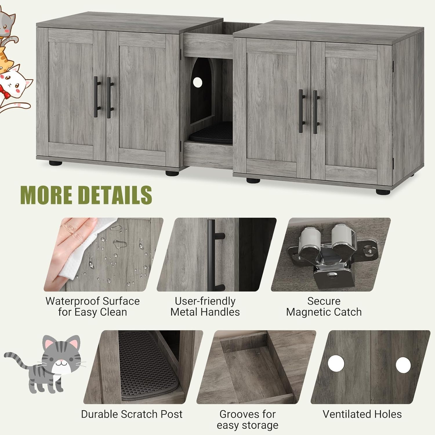 Hetoy Elegant Double-Room Cat Litter Cabinet – Stylish Litter Box Enclosure for Two Cats with Storage and Cat Mat, 55”L x 17.7”W x 22.5”H in Gray