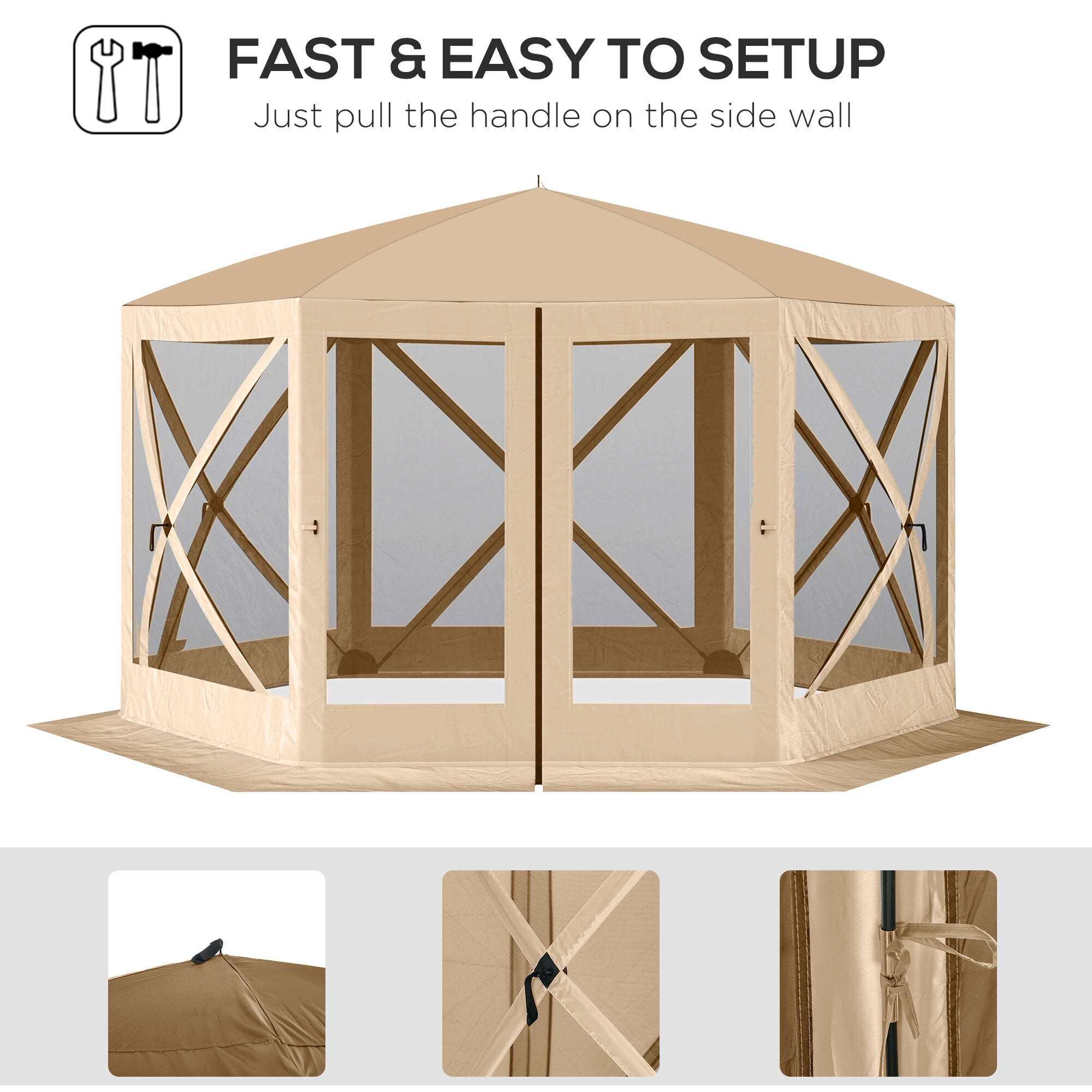 Outdoor Grill, 12' x 12' Hexagon Screen House, Pop Up Tent Portable Gazebo Canopy Shelter with Mesh Netting Walls, Carry Bag and Shaded Interior, Beige, Beige BBQ Grill,Polyester Tabletop Grill