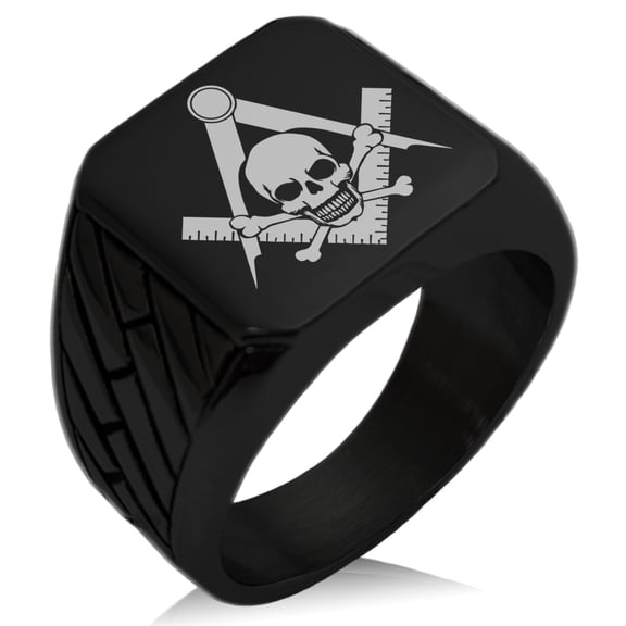 Stainless Steel Freemasons Masonic Skull & Crossbones Geometric Pattern Biker Style Polished Ring