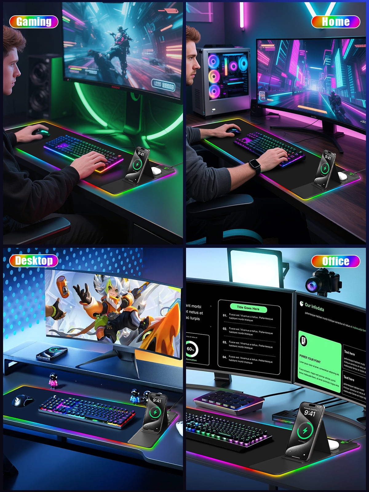 Miroddi RGB Gaming Mouse Pad with Wireless Charging, LED Desk Mousepad with Phone Holder, 15W Fast Charging Computer Keyboard Mat for Home, Office