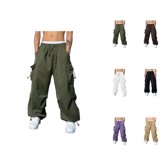 Baggy Cargo Pants Men 2026 Trendy Elastic Waist Drawstring Loose Fit Parachute Pants Harem Joggers with Pockets Streetwear