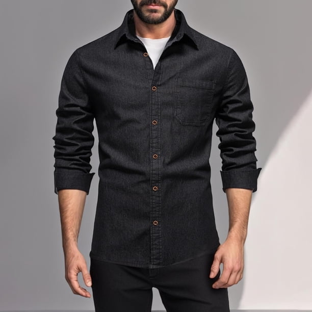 pstuiky Camisas de invierno de manga larga para hombre, Camiseta lisa de manga larga con cuello vuelto para hombre, blusa informal, elegante, cómoda, con bolsillos y botones camisetas de hombre xxl