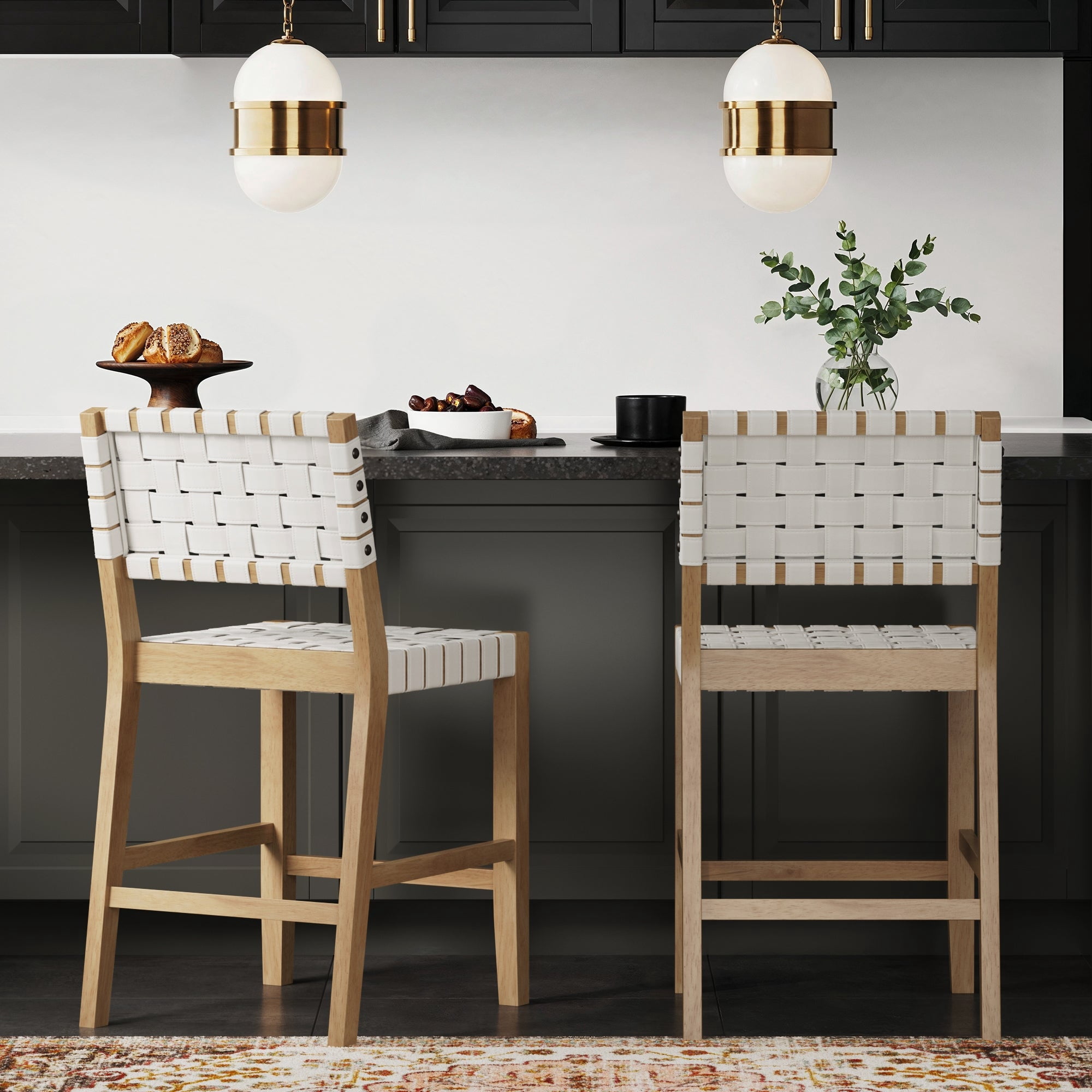 Nathan James Cohen Mid Century Modern Bar Stool, Upholstered Faux Leather Counter Stool with Back and Solid Wood Legs, Off White, Set of 2