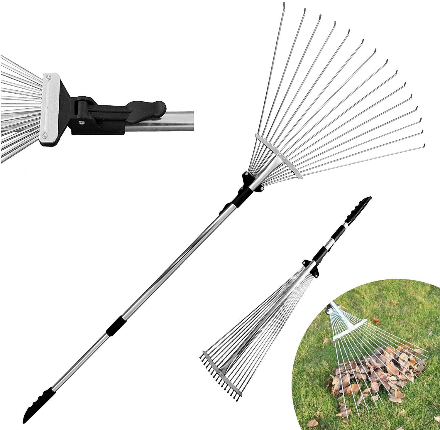 Expanding Metal Rake Adjustable Folding 63 Inch Adjustable Garden Leaf Rake