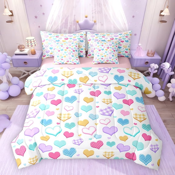 Erosebridal Rainbow Hearts Bedding Comforter Set, Love Theme King Bedding Sets, Pink Reversible, 7pcs