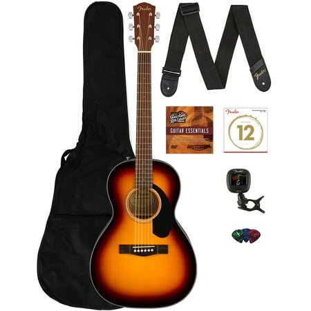 Fender CP-60S Solid Top Parlor Acoustic Guitar Bundle with Gig Bag, Tuner, Strap, Strings, Picks, Play Online Lessons and Austin Bazaar Instructional DVD, Sunburst