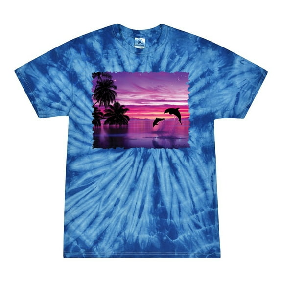 Wild Bobby, Majestic Dolphins Jumping During Sunset, Animal Lover, Tie-Dye Tees, Spiral Royal, Medium