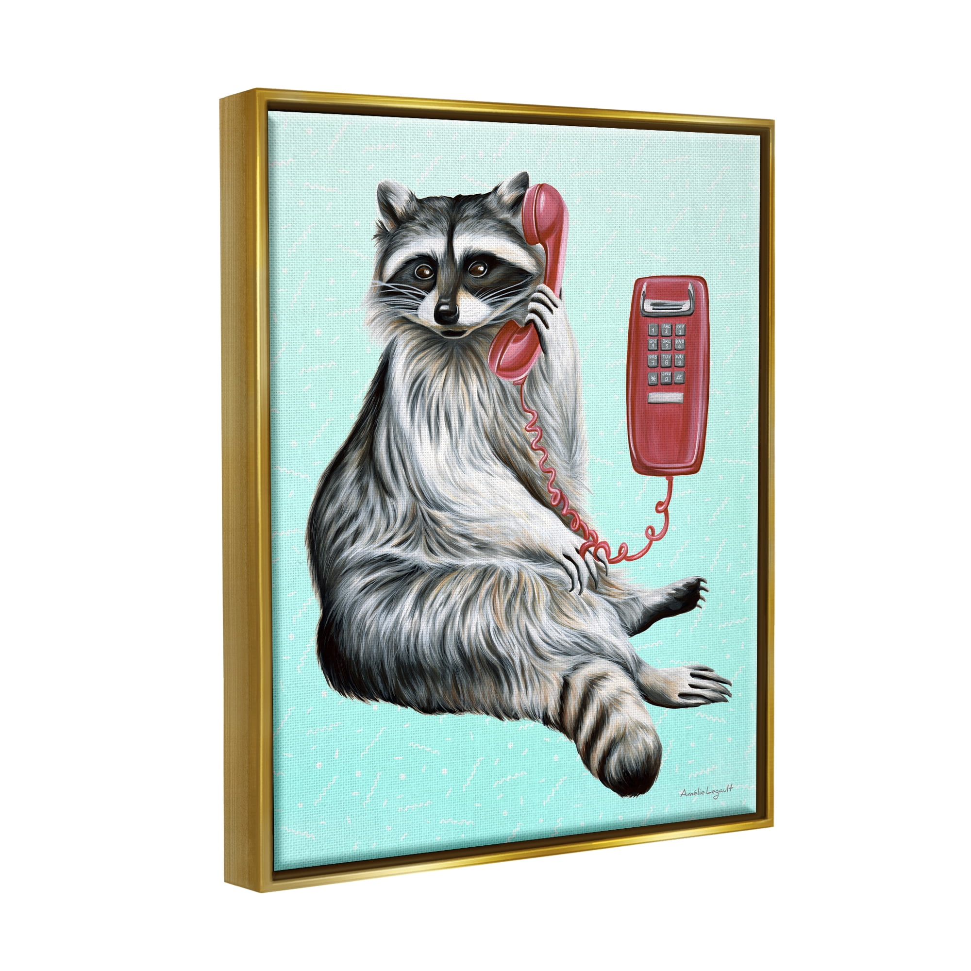 Stupell Industries Raccoon Lounging Cord Phone Vivid Turquoise Background Graphic Art Metallic Gold Floating Framed Canvas Print Wall Art, Design by Amelie Legault