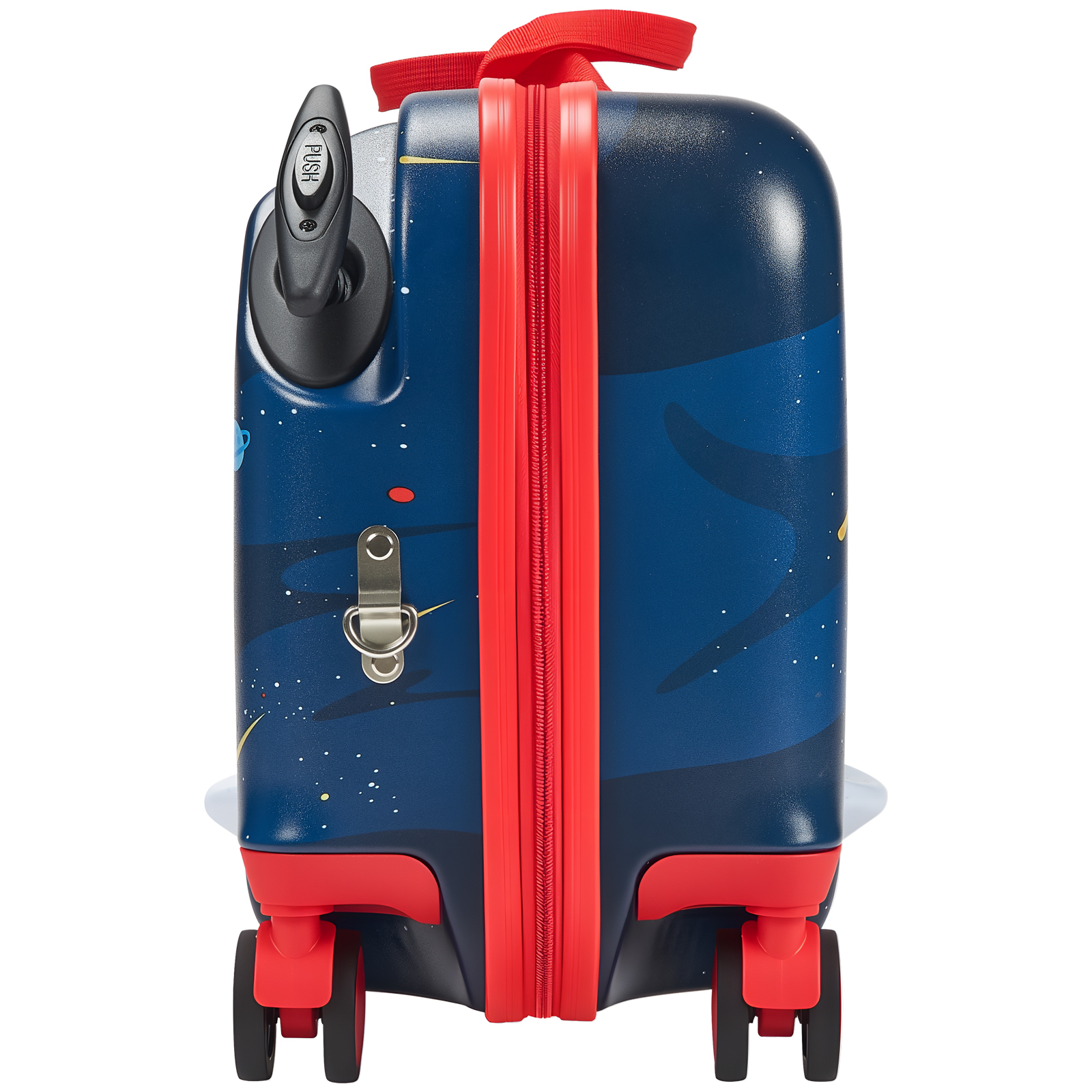 KFFKFF Ride-on Luggage, 26 L Capacity, 18-Inch Toddler Carry-On with Wheels, Adjustable Strap, Lightweight Kids Suitcase for Ages 3+, Blue & White