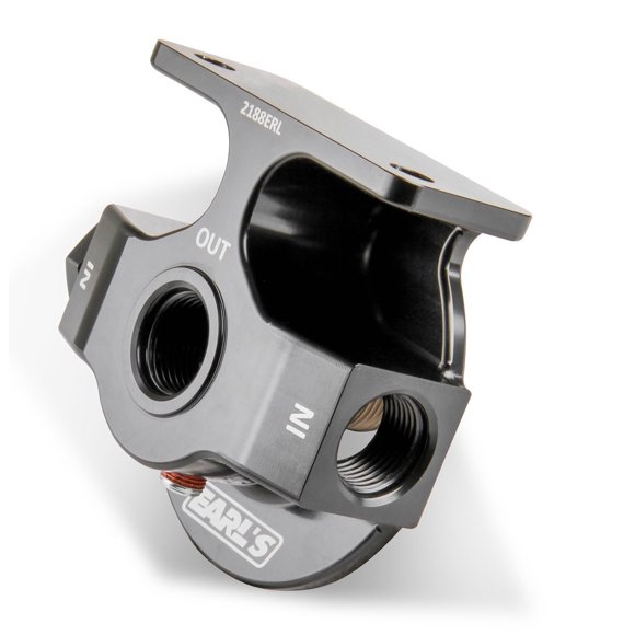 Earl s Plumbing Oil Filter Relocation Bracket 2188ERL Single Remote Filter; 1/8 Inch NPT Port; 3.185 Inch O-Ring Diameter; 10 AN O-Ring Ports; Used For Fram PH-5 Or HP-4 Filters; Billet Aluminum