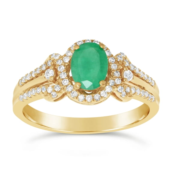 0.80 Carat Oval Green Emerald Ring with Diamond Accent in 10k Yellow Gold Size 6