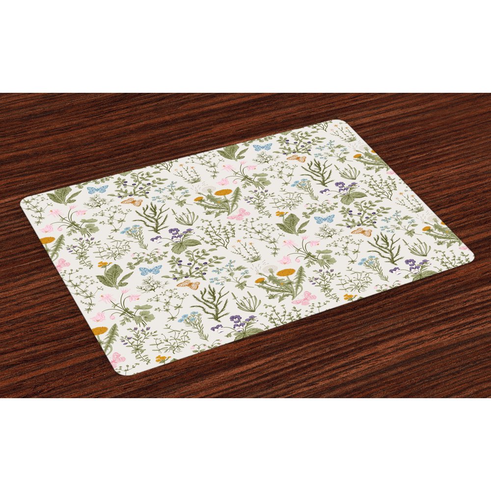 Floral Placemats Set of 4 Vintage Garden Plants with Herbs Flowers Botanical Classic Design
