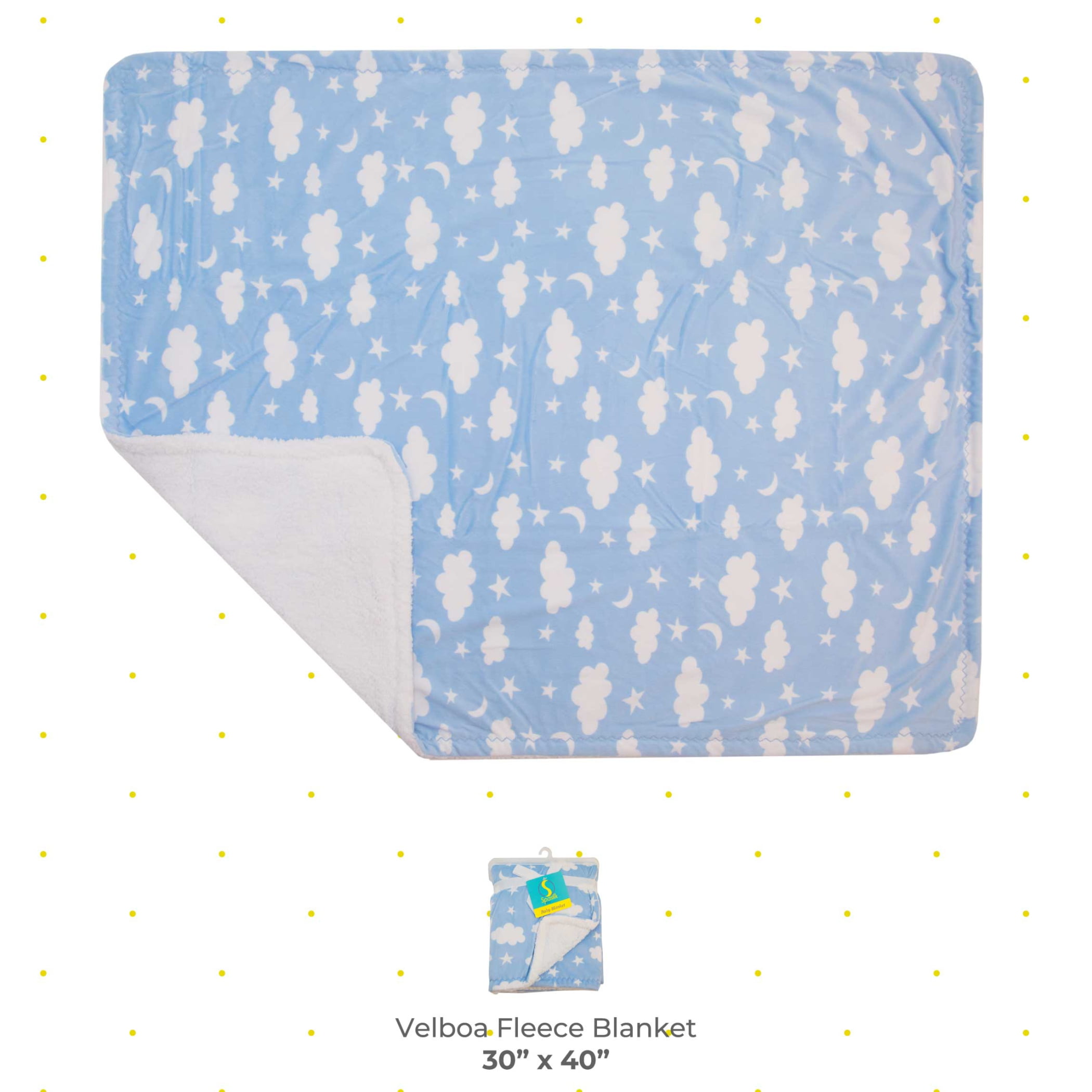 Spasilk Velboa Fleece Blanket With Thick Stitch Trim Accessory for Crib and Stroller, Blue Clouds