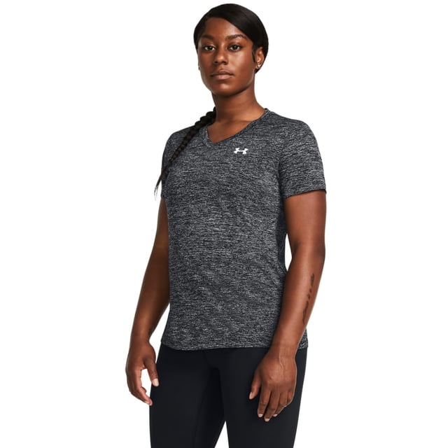 Camiseta Under Armour Tech Twist con cuello en V para mujer, color blanco y negro