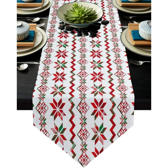 Kitchen Table Runner, Christmas Theme Snowflake Red Green Geometric Pattern Non-Slip Cotton Linen Dresser Scarves for Family Dinner Holiday Birthday Party Home Décor 13"x70"