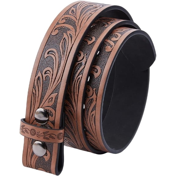 Brown Floral Embossed Belt PU Leather Western Vintage Adjustable Flower Pattern Cowboy Waist Belts Strap Without Buckle