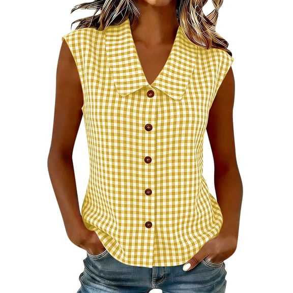 Women Gingham Button Down Slim Sleeveless Blouse Plaid Top Summer Henley Neck Tank Vest Spring Summer Clothes