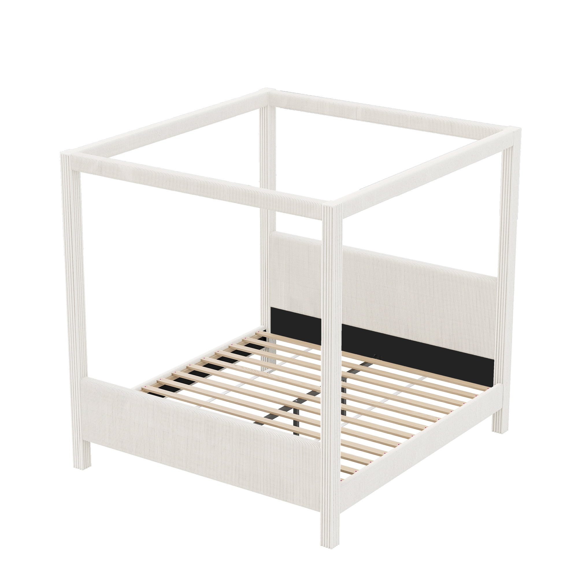 Euroco Upholstery Queen Size Canopy Platform Bed, No Box Spring Needed, Beige