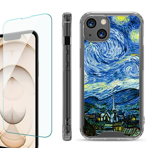 Shockproof Bumper Phone Case for iPhone 13, with Tempered Glass Screen Protector, by OneToughShield ® - Starry Night Paris