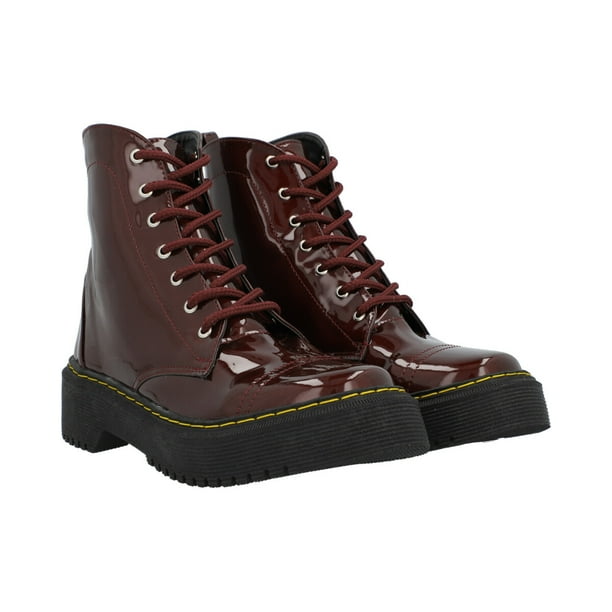 Bota Combat Militar De Charol Tinto Para Mujer Suela Cocida Platonia LEONOR-03-TINTO