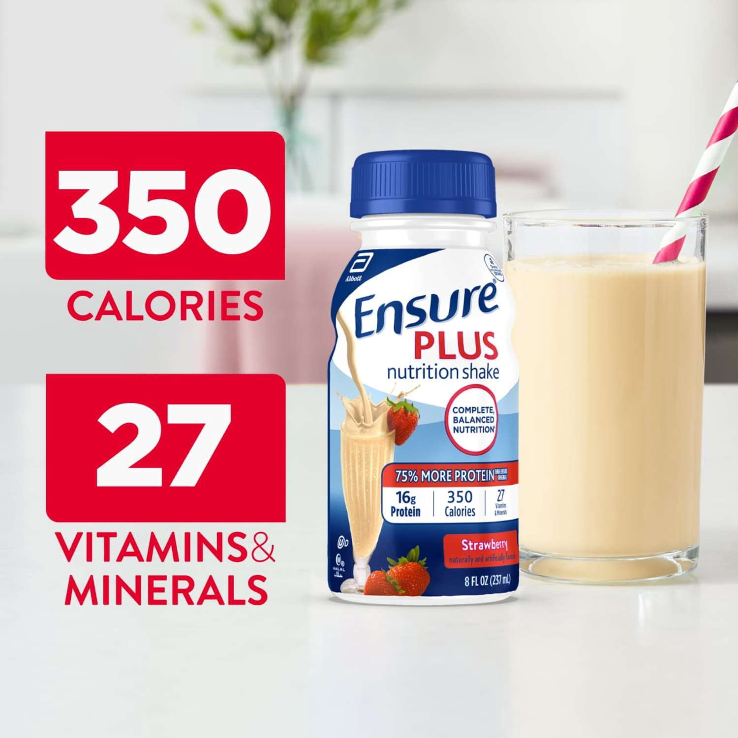 (2 pack) Ensure Plus Meal Replacement Nutrition Shake, Strawberry, 16g Protein, 8 fl oz - 6 Pack