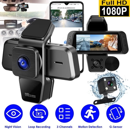 Imountek 3 Channel WiFi Dash Cam (1080P Front, Rear, Cabin Camera), 170° Wide Angle, Night Vision, G-Sensor, Motion Detection, App Control, Black