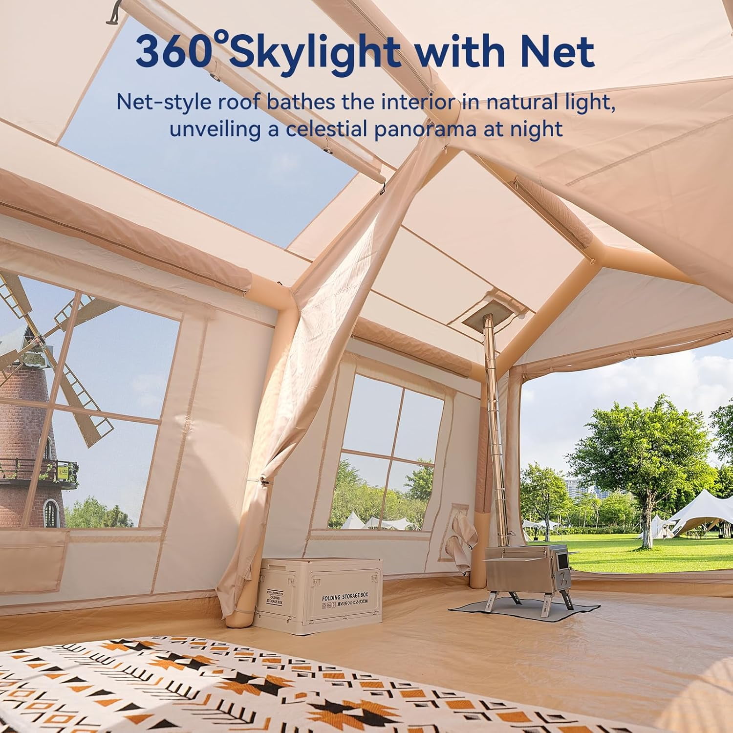 Slsy Inflatable Tents with Canopy for Camping, Blow Up Tent with Hand Pump, Easy Setup Inflatable Hot Tent with Stove Jack, Waterproof Oxford Air Glamping Tents for Camping Adult 8-10 Person