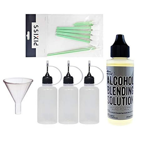 Green Bottled Ink Refill Ranger 2-Ounce Alcohol Ink Blending Solution, 10x Pixiss Alcohol Ink Blending Tools, 3 Pixiss 20ml Needle Tip Applicator and Refill Bottles and 1.5 inch Funnel Bundle for Yupo and Resin ()