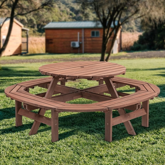 Miekor Furniture 10-12-person Round Outdoor Wooden Picnic Table for Patio, Backyard, Garden, DIY with 1 Built-in Ring Stool, 500-lb Weight Capacity - Walnut Brown MK1348