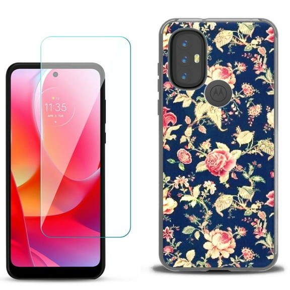 Slim-Fit Gel TPU Phone Case for Motorola Moto G Power 2022, with Tempered Glass Screen Protector, by OneToughShield ® - Floral Garden