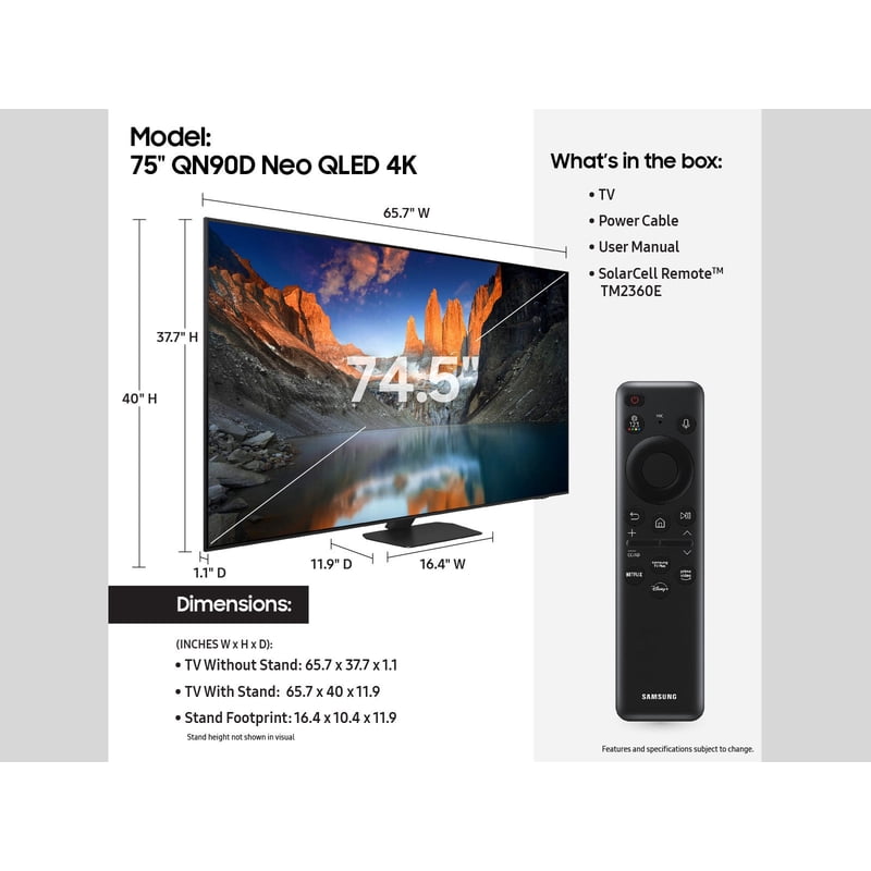 SAMSUNG 75" Class QN90D Neo QLED 4K Smart TV QN75QN90DAFXZA 2024 display and camera view