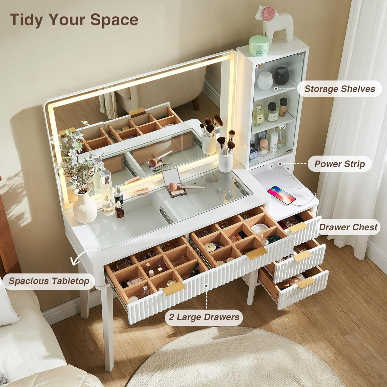 OKD Vanity Table with Mirror and Lights ,Modern Dressing Table 5 Drawers & Adjustable Shelves,Charging Station for Bedroom,White