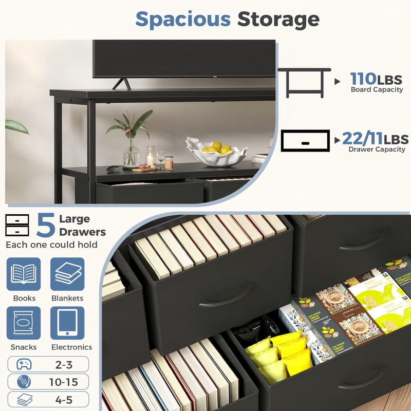 Kelno TV Stand Dresser 5 Fabric Drawers Storage Cabinet with Open Shelf Built in AC USB Type C Charging Station, Black