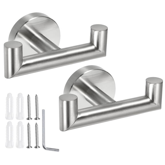 2pcs Double Towel Hook, Stainless Steel Coat Hook, Wall Mount Robe Hooks Hand Towel Hanger Brushed Silver
