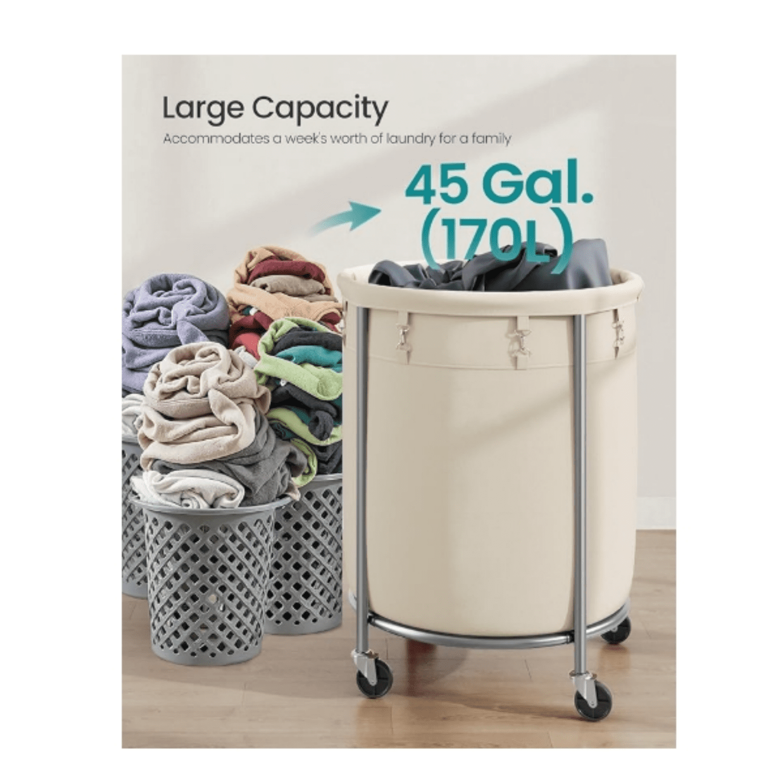 Laundry Basket with Wheels, Rolling Laundry Hamper, 45 Gal., Roun Laundry Cart with Steel Frame an e vable Bag, 4 Casters an 2 Brakes, Cream an Silver URLS01MZ