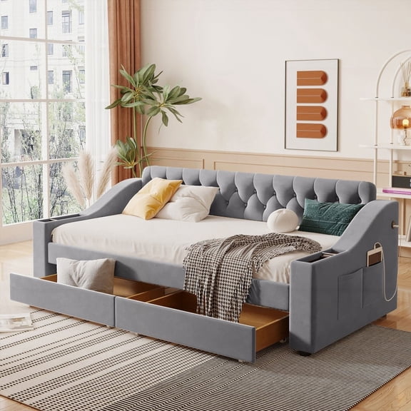 Twin Size Gray Upholstered Daybed - Storage & USB Feature Bed