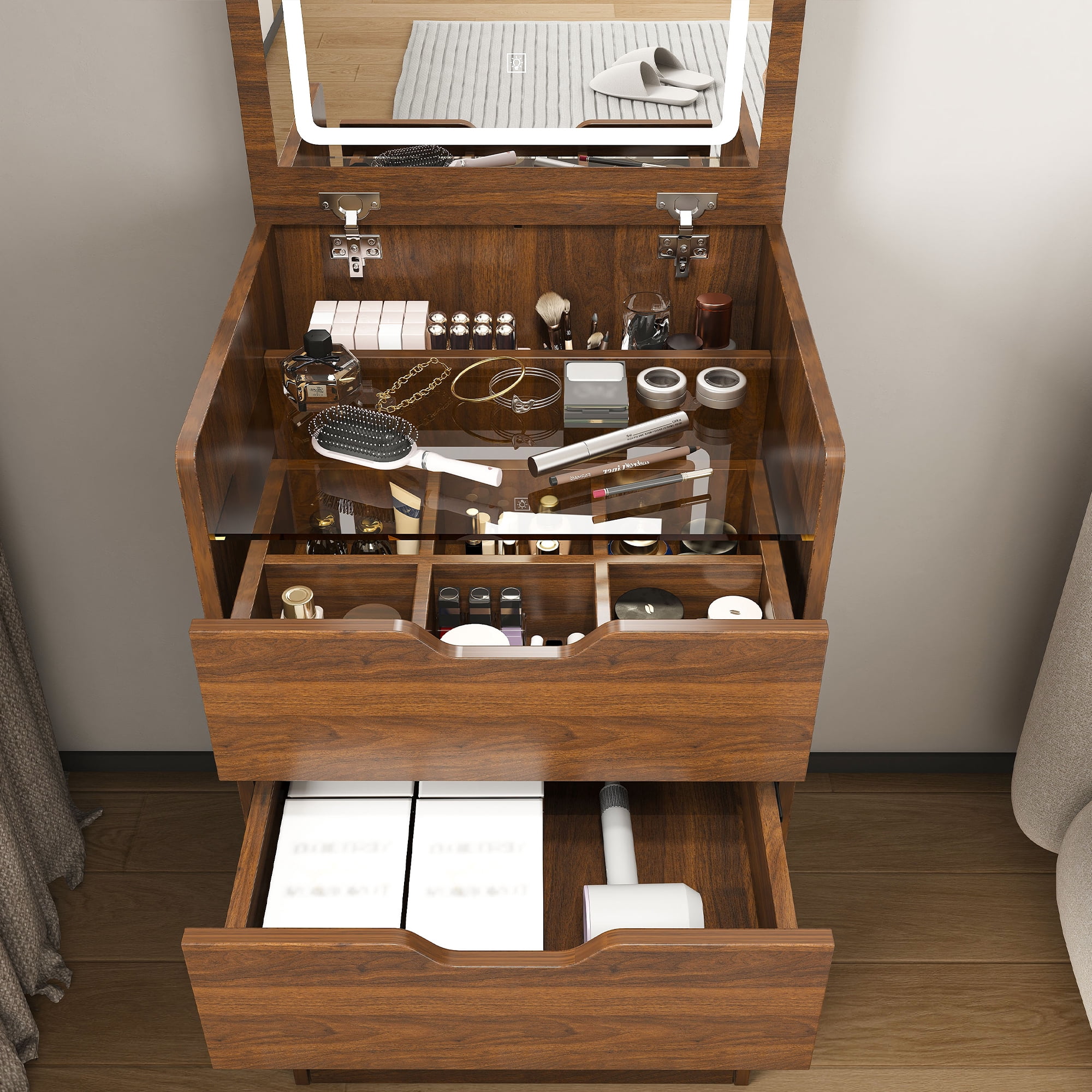 3-in-1 Vanity Desk with Lighted Mirror & Stool, Flip Top Makeup Dressing Table, Compact Storage for Bedroom, Bathroom, Dressing Room (18.9 in L, Walnut)