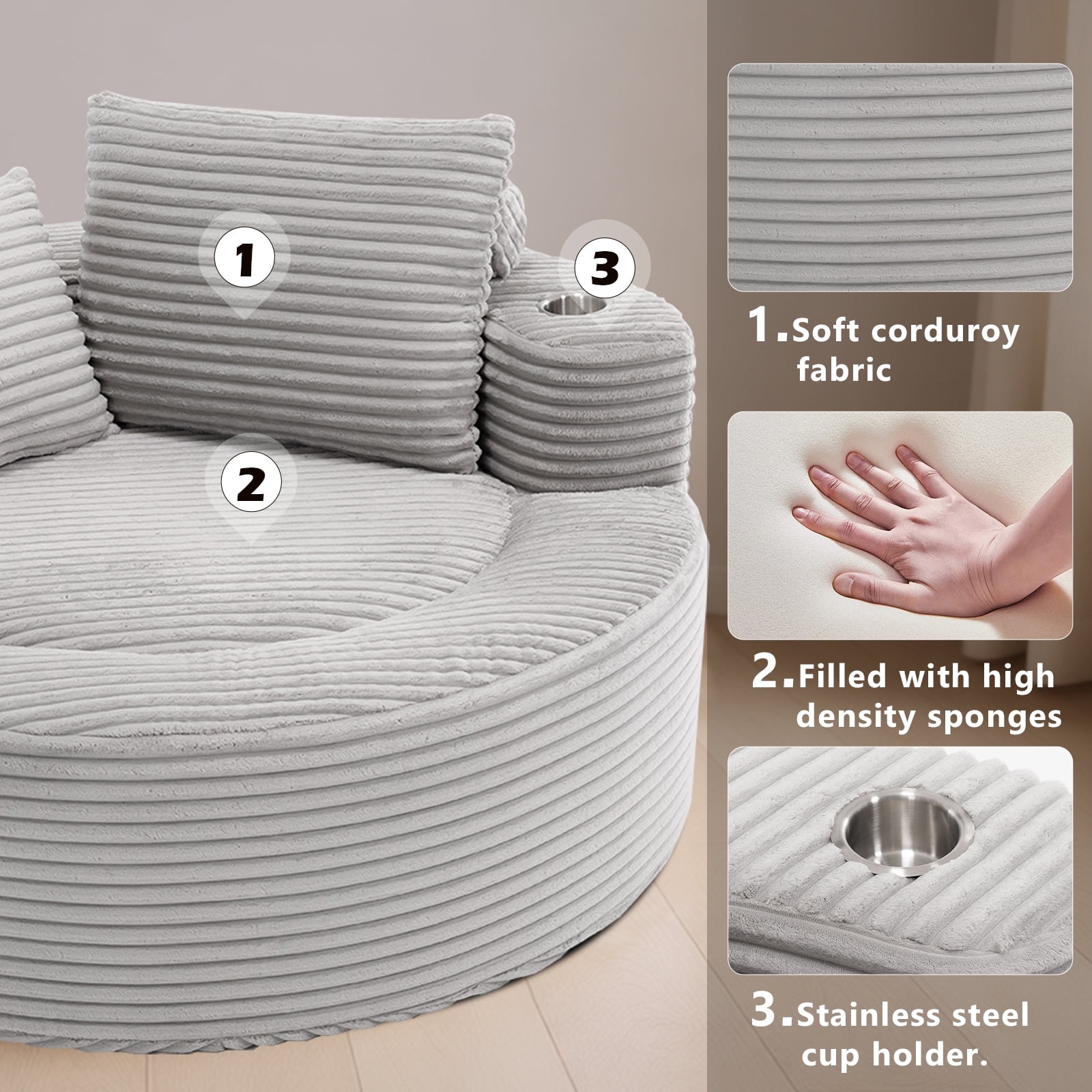Miniyam 55.5" W Round Oversized Chaise Lounge Indoor with Cup Holders for Living Room, Cloud Couch with 3 Pillows, Grey