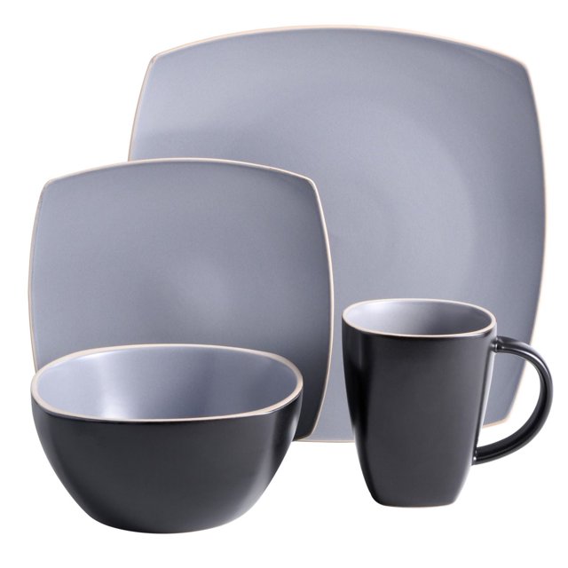 Gibson Home Soho Lounge 16 Piece Square Stoneware Dinnerware Set, Black & Grey